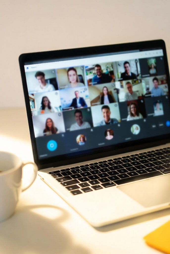 Modern laptop screen showing a webinar interface with multiple participant thumbnails, placed on a clean cream-colored desk.